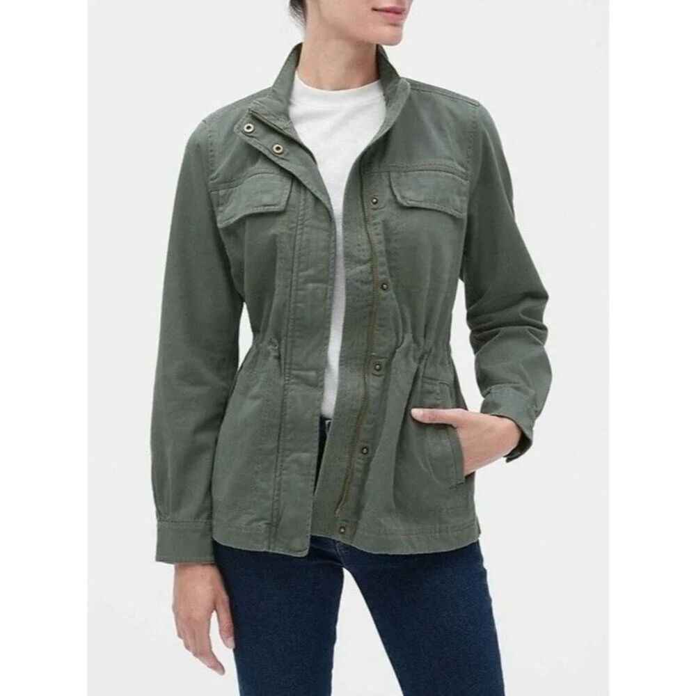 GAP Core Utility Jacket Military Anorak Full Zip Drawstring Waist Olive Green XS